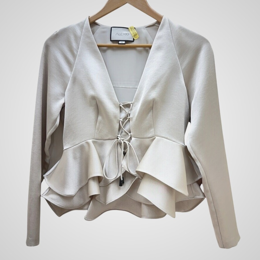 ALEXIS Womens Blouse Sm Beige Peplum Ruffle Long Sleeve Lace Up Luxury Classy
